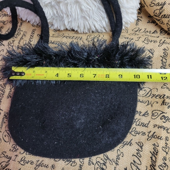 Handcrafted black felted Wool bag fuzzy trim 19×10 ×8 - Picture 5 of 10